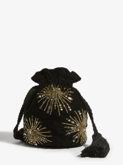 Zwart - Love & Roses Velvet Sequin Embellished Pouch Bag