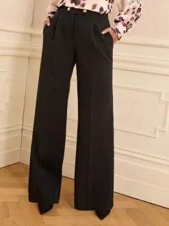 Zwart - Love & Roses Wide Button Leg Trousers