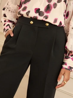 Zwart - Love & Roses Wide Button Leg Trousers