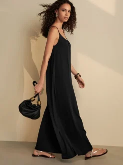 Zwart - Maxi Lengte Trapeze Vorm met Ruched Hals Dunne Vest Jurk