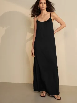 Zwart - Maxi Lengte Trapeze Vorm met Ruched Hals Dunne Vest Jurk