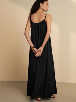Zwart - Maxi Lengte Trapeze Vorm met Ruched Hals Dunne Vest Jurk