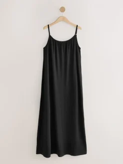 Zwart - Maxi Lengte Trapeze Vorm met Ruched Hals Dunne Vest Jurk