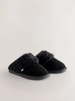 Zwart - Met imitatiebont gevoerde suède pantoffelmuiltjes