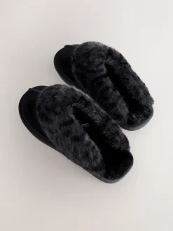 Zwart - Met imitatiebont gevoerde suède pantoffelmuiltjes