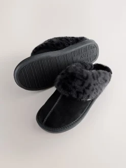Zwart - Met imitatiebont gevoerde suède pantoffelmuiltjes