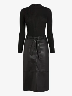 Zwart - Midi-jurk met imitatieleren mix en riem