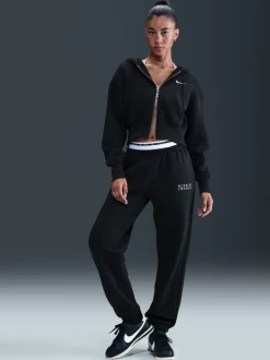 Zwart - Nike oversized Phoenix fleece joggingbroek met hoge taille en grafisch logo