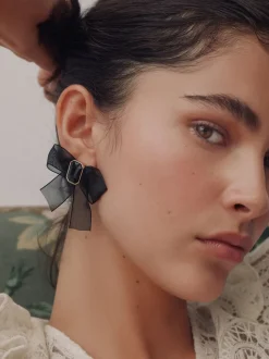 Zwart - Organza Bow Stud Earrings