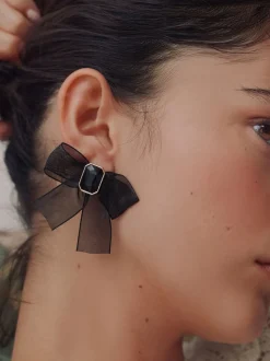 Zwart - Organza Bow Stud Earrings