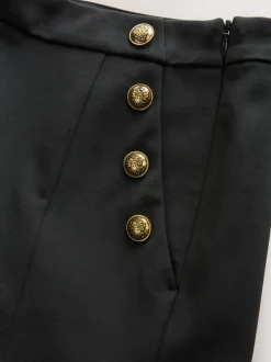 Zwart - Ponte Broek met Wijde pijpen en goudkleurige knoopdetails