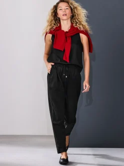 Zwart - Pull On Tapered Trousers With Linen