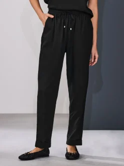 Zwart - Pull On Tapered Trousers With Linen