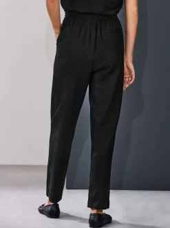 Zwart - Pull On Tapered Trousers With Linen