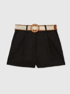 Zwart - Reiss Beau linnen shorts met geplooide voorkant en ceintuur