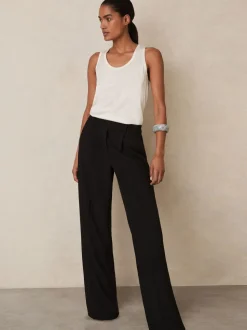 Zwart - Reiss Eden wijde broek van keperstof met elastische tailleband