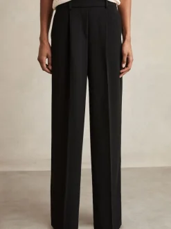 Zwart - Reiss Eden wijde broek van keperstof met elastische tailleband