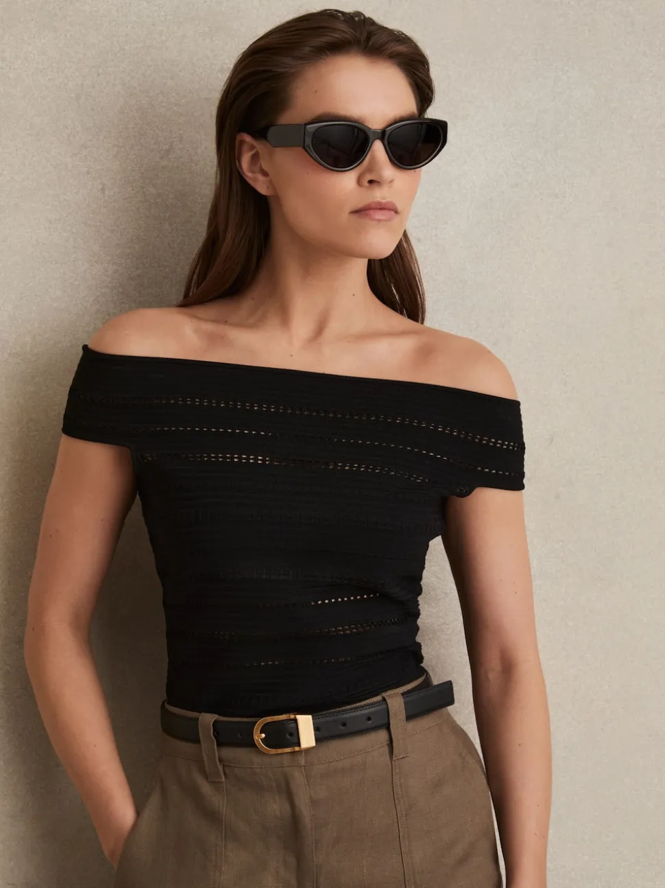 Zwart - Reiss Hazel Leren Riem met Gebogen Gesp