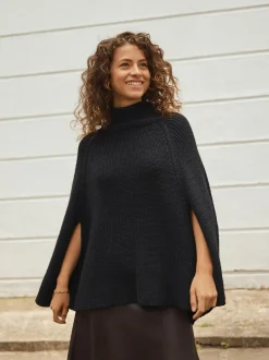 Zwart - Roll Neck Ribbed Knitted Poncho