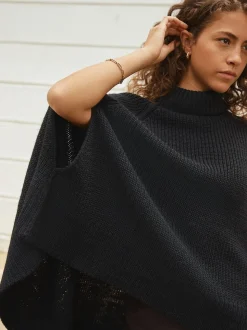 Zwart - Roll Neck Ribbed Knitted Poncho