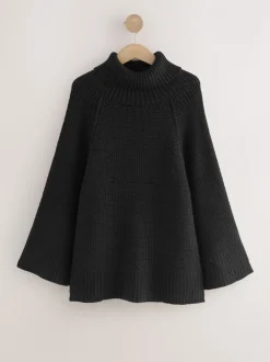Zwart - Roll Neck Ribbed Knitted Poncho