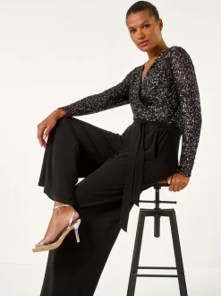 Zwart - Roman Pailletten wikkel V-hals stretchy Jumpsuit