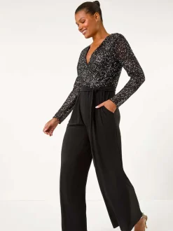Zwart - Roman Pailletten wikkel V-hals stretchy Jumpsuit
