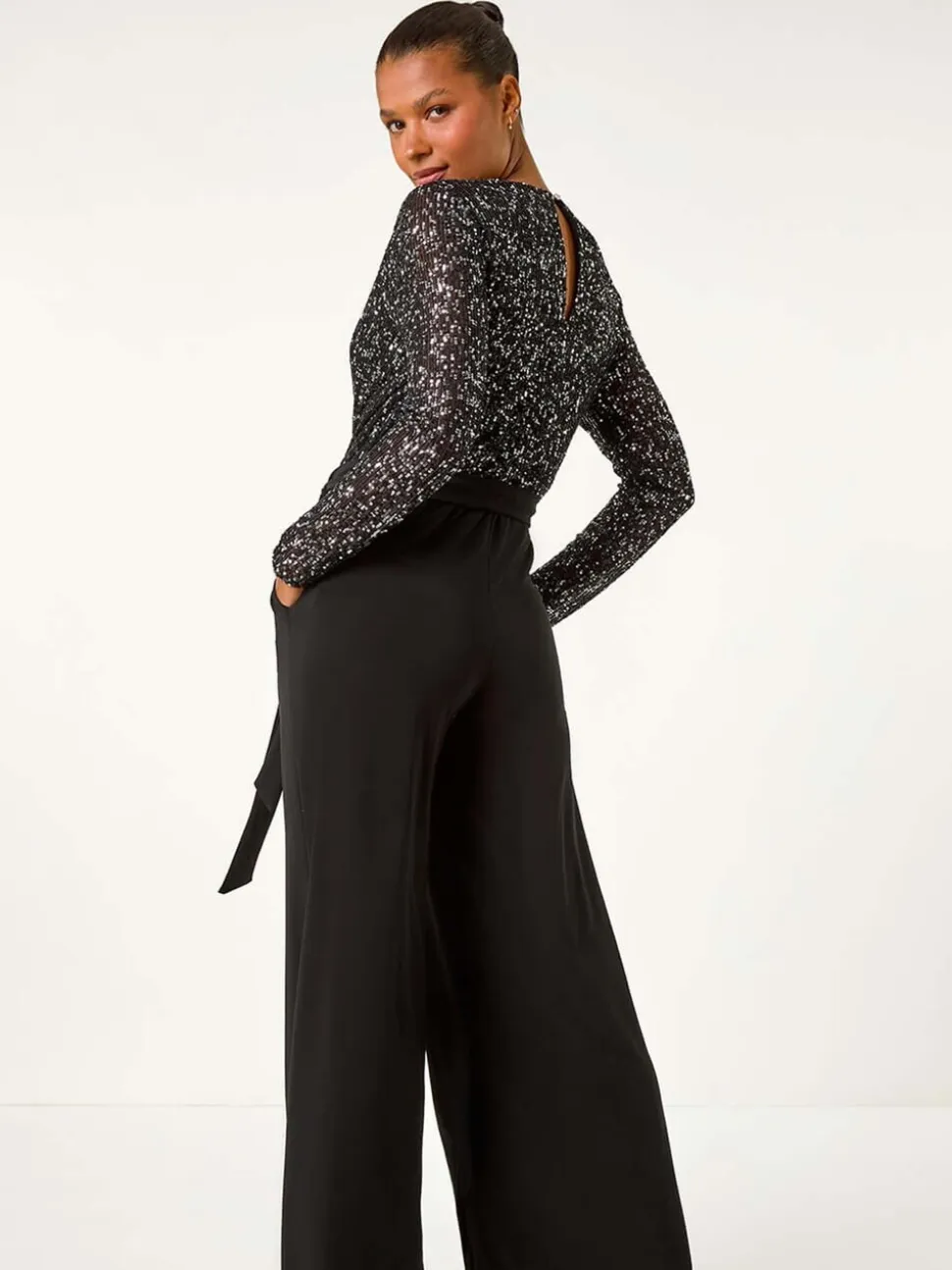 Zwart - Roman Pailletten wikkel V-hals stretchy Jumpsuit