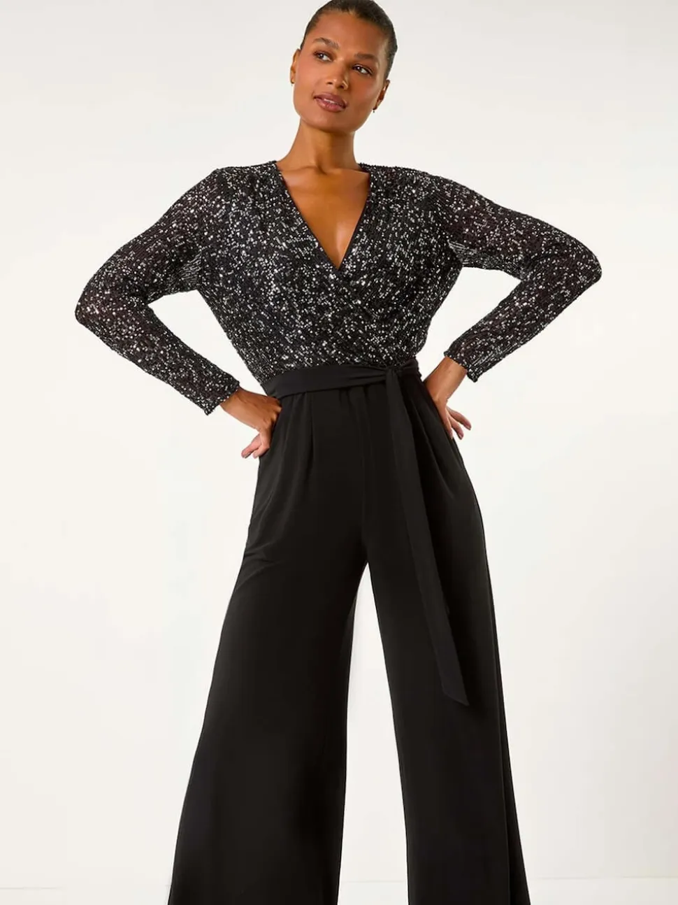 Zwart - Roman Pailletten wikkel V-hals stretchy Jumpsuit