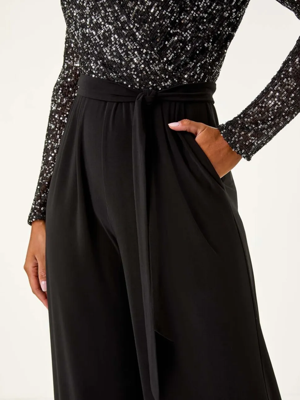 Zwart - Roman Pailletten wikkel V-hals stretchy Jumpsuit