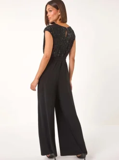 Zwart - Roman Paillettenlijfje met Watervalhals Jumpsuit