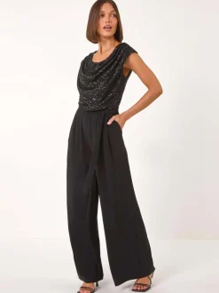Zwart - Roman Paillettenlijfje met Watervalhals Jumpsuit