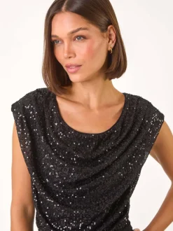 Zwart - Roman Paillettenlijfje met Watervalhals Jumpsuit
