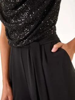 Zwart - Roman Paillettenlijfje met Watervalhals Jumpsuit