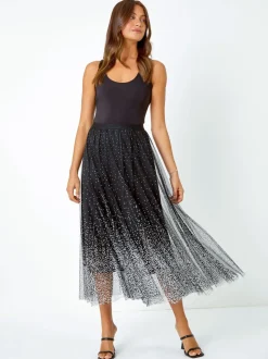 Zwart - Roman Polka Dot Print Elasticated Mesh Skirt
