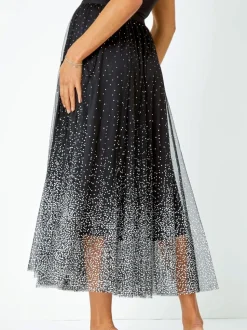 Zwart - Roman Polka Dot Print Elasticated Mesh Skirt