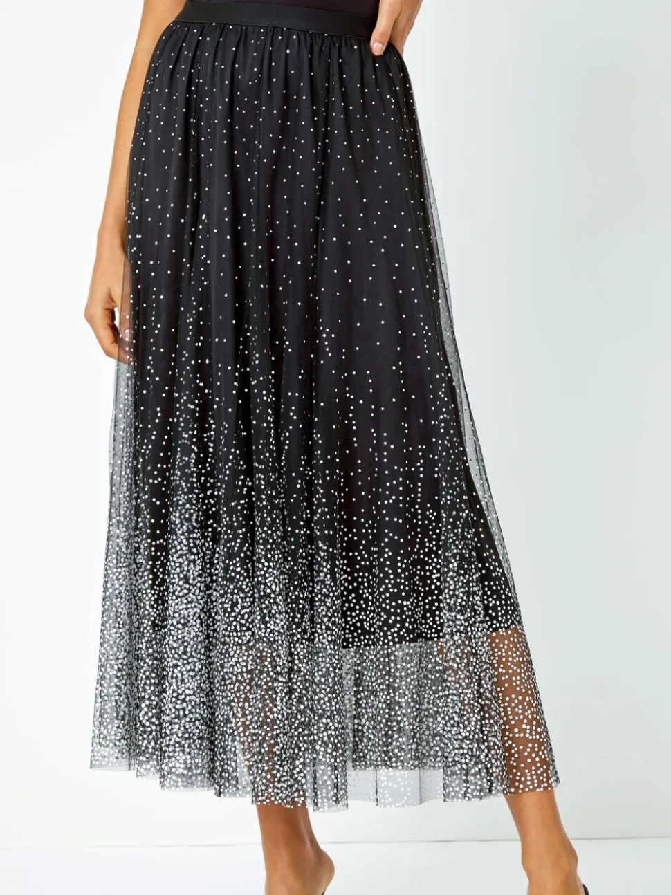 Zwart - Roman Polka Dot Print Elasticated Mesh Skirt