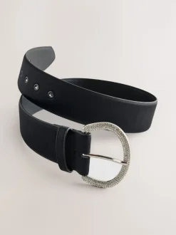 Zwart - Satin Belt with Diamante Buckle