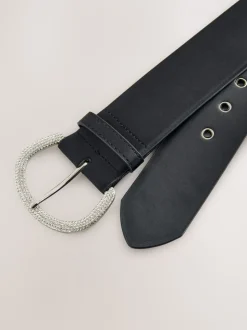 Zwart - Satin Belt with Diamante Buckle
