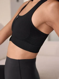 Zwart - Seamless Zip Front Medium Impact Sports Bra