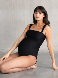 Zwart - Seraphine blauw bandeau zwangerschapsbadpak met textuur