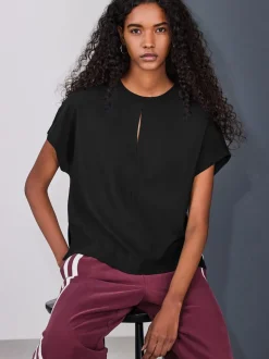 Zwart - Short Sleeve Keyhole Crew Neck Top