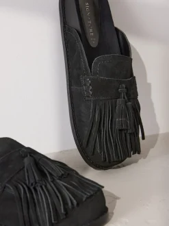 Zwart - Signature Premium leren suède muiltjes met franje en voetbed