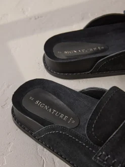 Zwart - Signature Premium leren suède muiltjes met franje en voetbed