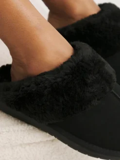 Zwart - Simply Be Faux Fur Lined Suede Mule Slippers