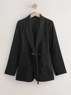 Zwart - Single Breasted Skinny Belt Blazer