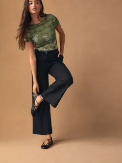 Zwart - Smart Front Linen Blend Wide Leg Trousers