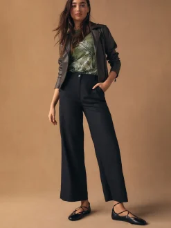 Zwart - Smart Front Linen Blend Wide Leg Trousers