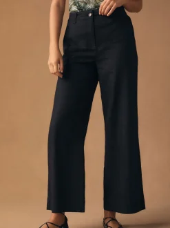 Zwart - Smart Front Linen Blend Wide Leg Trousers