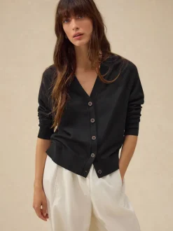 Zwart - Soft Touch V-hals Katoenrijk Vest met Knopen